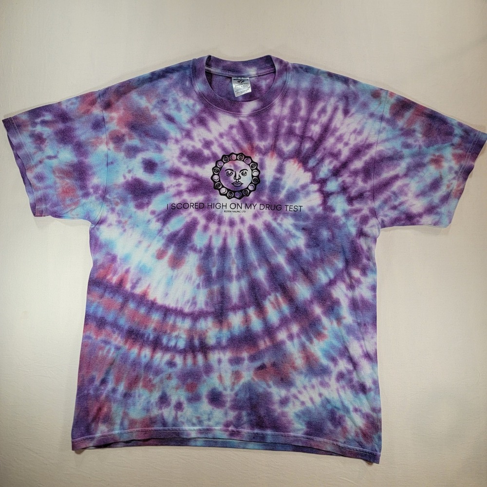 Vintage Jerzees Tie Dye Drug Test Sun Graphic T-Shirt Mens Large Purple 2006